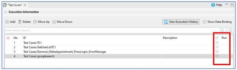 Katalon Studio run tests in test suite checkbox
